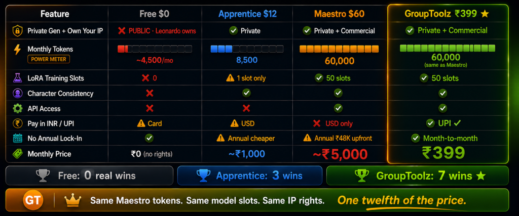 Leonardo AI group buy scorecard comparing Free plan with no IP rights Apprentice at Rs 1000 with only 1 model slot Maestro direct at Rs 5000 and GroupToolz at Rs 399 both with 60000 tokens 50 LoRA slots and commercial IP rights showing GroupToolz winning 7 of 8 categories including UPI billing and no annual lock-in