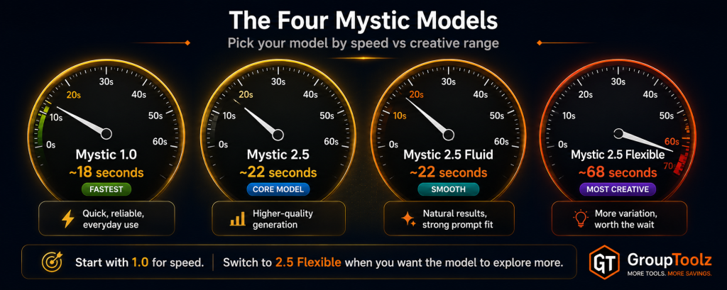 Mystic four AI image models shown as speed dial gauges with Mystic 1.0 fastest at 18 seconds for everyday use Mystic 2.5 core model at 22 seconds Mystic 2.5 Fluid at 22 seconds for smooth natural results and Mystic 2.5 Flexible slowest at 68 seconds for maximum creative variation
