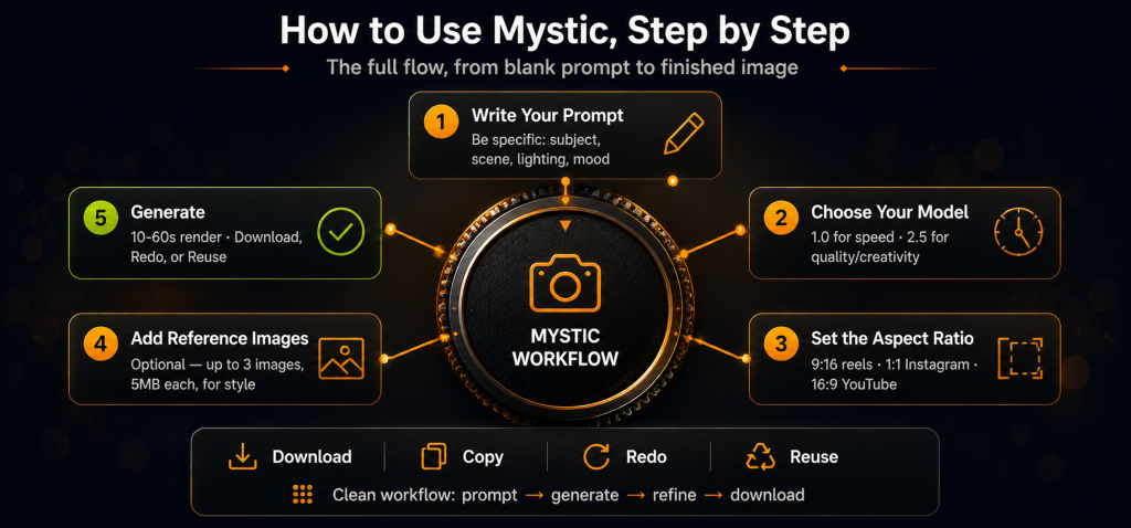 Mystic step by step tutorial shown as camera control dial with 5 steps including write your prompt choose your model set aspect ratio add reference images and generate followed by download copy redo or reuse output actions for a clean prompt to finished image workflow
