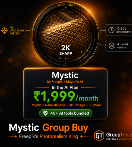 Mystic group buy showing Freepik and Magnific AI photorealism model with sharp 2K detail and no upscaling needed bundled inside GroupToolz AI Plan at Rs 1999 per month alongside Nano Banana GPT Image Flux 2 and 38 more AI tools