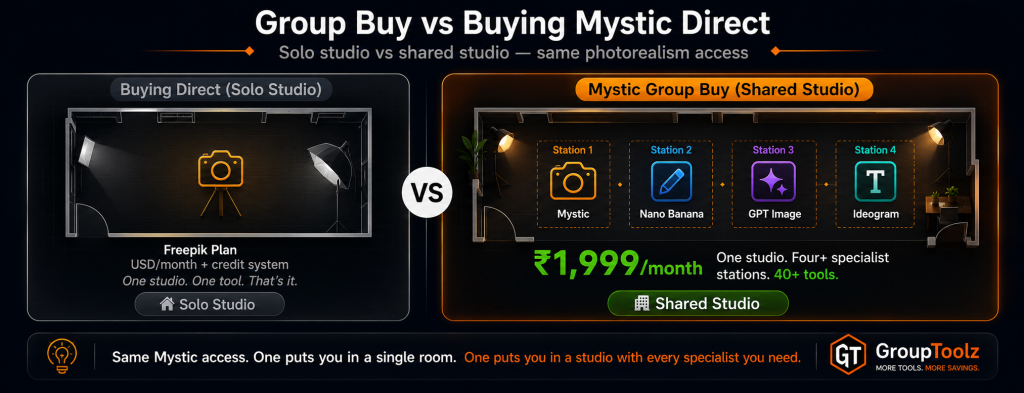 Mystic buying direct shown as a solo photography studio with only one tool at USD credit system pricing versus GroupToolz group buy shown as a shared studio with multiple specialist stations including Mystic Nano Banana GPT Image and Ideogram all included at Rs 1999 per month