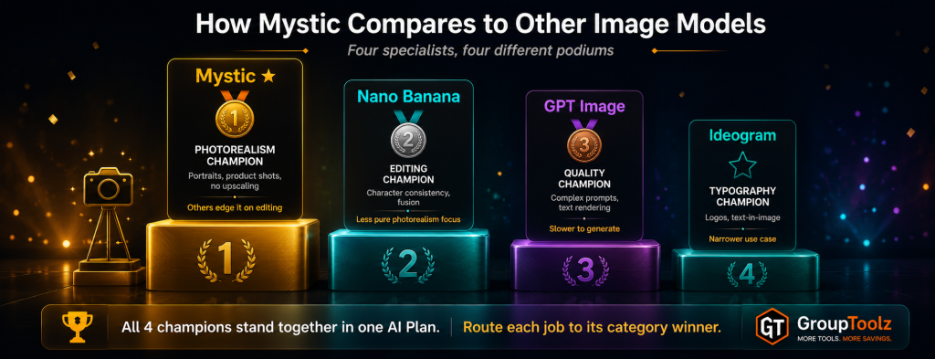 Mystic versus Nano Banana GPT Image and Ideogram shown as award podium comparison with Mystic as photorealism champion on the tallest podium Nano Banana as editing champion GPT Image as quality champion and Ideogram as typography champion all available together in the GroupToolz AI Plan at Rs 1999 per month