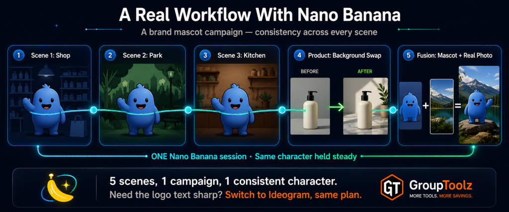 Nano Banana brand mascot campaign workflow showing character consistency thread connecting 5 scenes including shop park and kitchen settings with the same character held steady plus product background swap editing and photo fusion capability all demonstrating Nano Banana strengths within one GroupToolz AI Plan session
