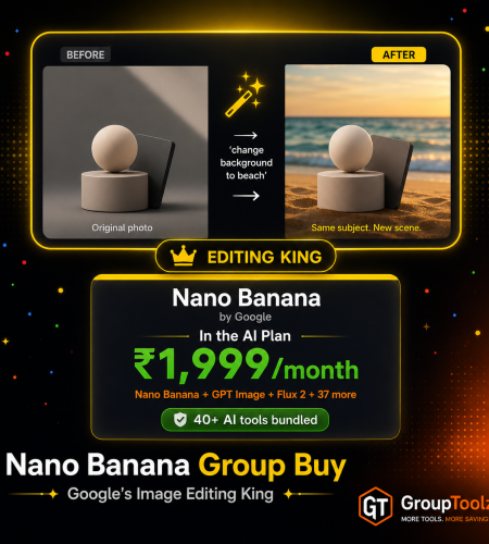 Nano Banana group buy showing Google's viral AI image editing tool with before and after background swap demonstration bundled inside GroupToolz AI Plan at Rs 1999 per month alongside GPT Image Flux 2 Ideogram and 38 more AI tools