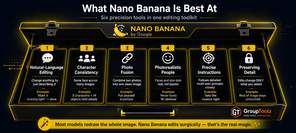 Nano Banana six strengths shown as diff-style comparison cards showing natural language editing character consistency photo fusion photorealistic people precise instructions and detail preservation with unchanged elements in gray and changed elements highlighted showing surgical editing precision
