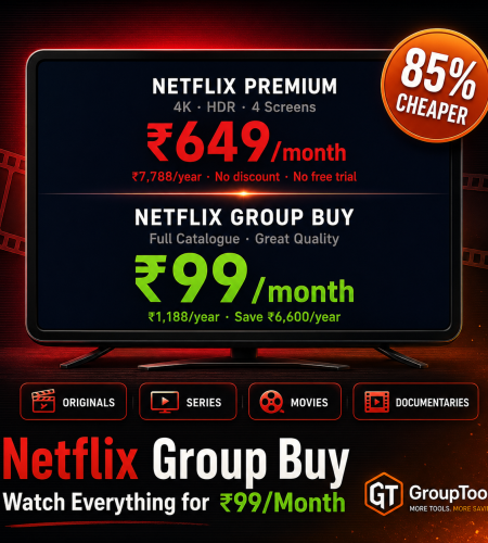 Netflix group buy showing full catalogue access at Rs 99 per month via GroupToolz versus Rs 649 per month for Netflix Premium 4K plan with no annual discount and no free trial saving Rs 6600 per year while keeping all Originals series movies and documentaries