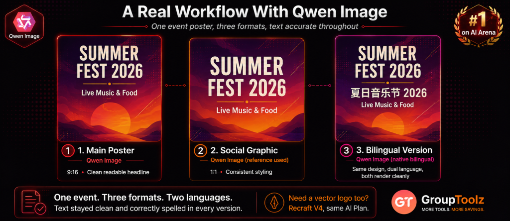 Qwen Image event poster workflow showing one design adapted into three formats including main portrait poster social media square crop and bilingual English and Chinese version all with clean accurate text rendering across every format demonstrating the text champion capability within one AI Plan session