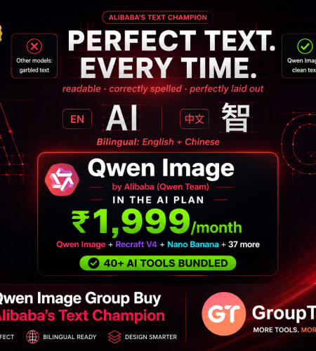 Qwen Image group buy showing Alibaba's number 1 AI Arena text rendering and editing champion with clean readable bilingual English and Chinese text demonstration bundled inside GroupToolz AI Plan at Rs 1999 per month alongside Recraft V4 Nano Banana and 37 more AI tools