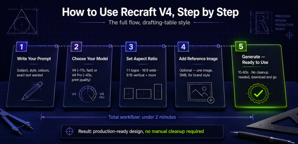 Recraft V4 step by step tutorial shown as a designer's drafting table workbench with 5 steps including write your prompt choose between V4 fast and V4 Pro quality models set aspect ratio add optional reference image and generate a production-ready design with no cleanup needed