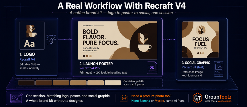 Recraft V4 brand kit workflow showing a coffee brand logo made with editable SVG vectors a launch poster made with Recraft V4 Pro for print quality and a matching social graphic made with fast Recraft V4 all sharing a consistent warm brown and cream palette demonstrating a complete brand kit built in one session