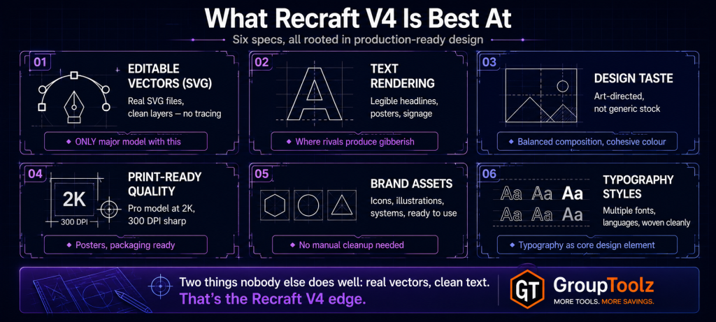 Recraft V4 design specification sheet showing six strengths including editable SVG vectors with clean layers legible text rendering for posters and signage art-directed design taste print-ready 2K quality ready-to-use brand assets and multiple typography styles woven cleanly into designs
