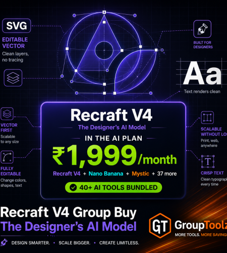 Recraft V4 group buy showing the designer's AI model with editable SVG vector output and clean text rendering shown as a vector blueprint construction bundled inside GroupToolz AI Plan at Rs 1999 per month alongside Nano Banana Mystic and 37 more AI tools