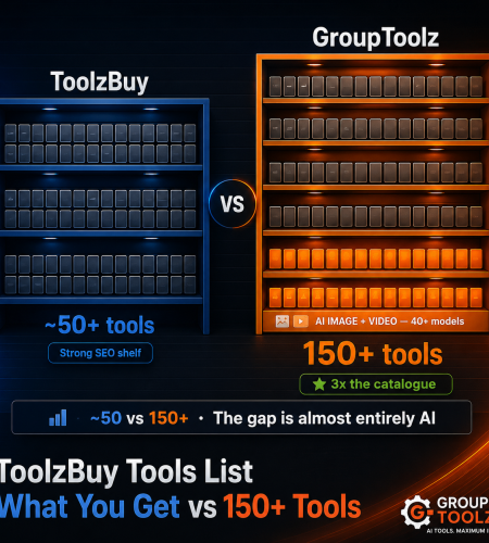 ToolzBuy tools list compared to GroupToolz shown as two inventory shelves with ToolzBuy holding around 50 plus tools across 3 rows and GroupToolz holding 150 plus tools across 6 rows with the bottom two rows highlighted as the 40 plus model AI image and video suite
