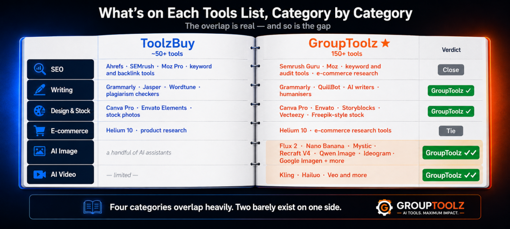 ToolzBuy tools list versus GroupToolz catalogue compared category by category showing heavy overlap on SEO writing design and e-commerce but with ToolzBuy's AI image and AI video rows nearly empty against GroupToolz listing Flux 2 Nano Banana Mystic Recraft V4 Qwen Image Ideogram Google Imagen Kling Hailuo and Veo