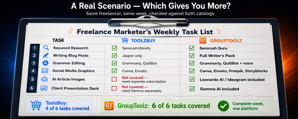 Freelance marketer weekly task checklist comparing ToolzBuy and GroupToolz showing ToolzBuy covering 4 of 6 tasks with AI article images and client presentation decks unchecked and not covered versus GroupToolz covering all 6 of 6 tasks including Leonardo AI images and Gamma AI presentations included in one platform