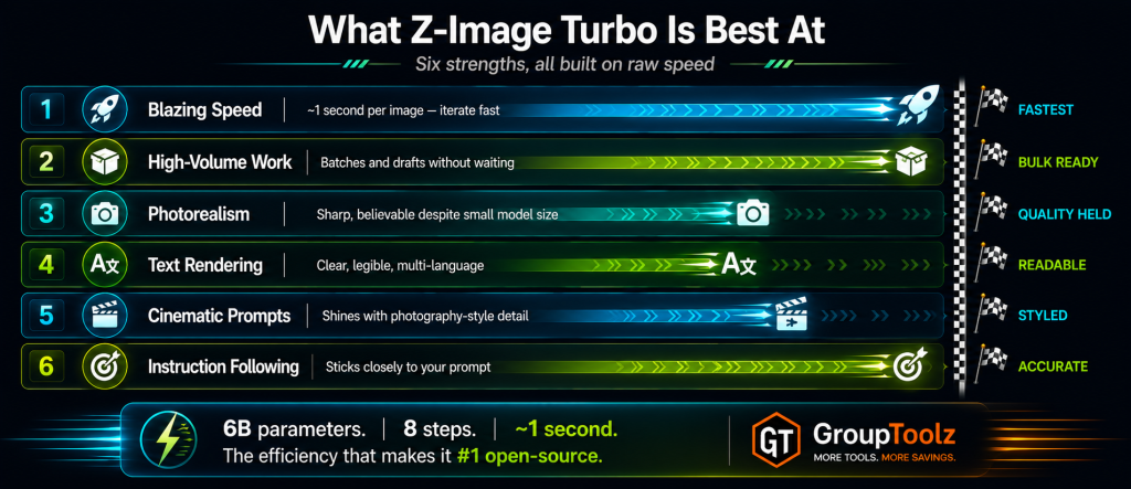 Z-Image Turbo six strengths shown as racing lanes including blazing speed at 1 second per image high volume batch work photorealism despite small model size clear text rendering cinematic prompt styling and accurate instruction following all built on efficient 6 billion parameter design