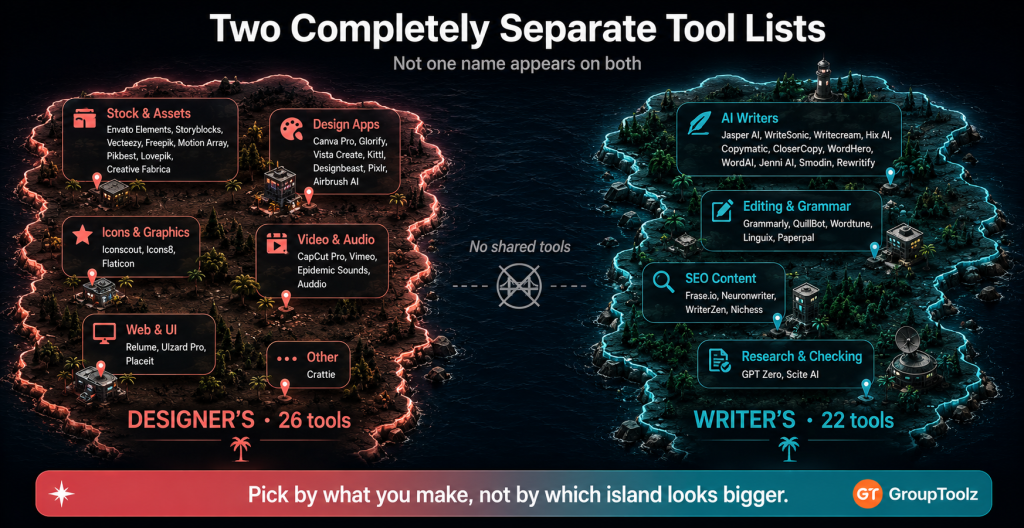 Designer's Pack and Writer's Pack shown as two separate islands with no bridge between them Designer's holding stock and assets like Envato Elements Storyblocks and Freepik design apps like Canva Pro and CapCut Pro icons and web tools totaling 26 tools and Writer's holding AI writers like Jasper and WriteSonic editing tools like Grammarly SEO content tools like Frase.io and research tools totaling 22 tools with zero tools shared between them