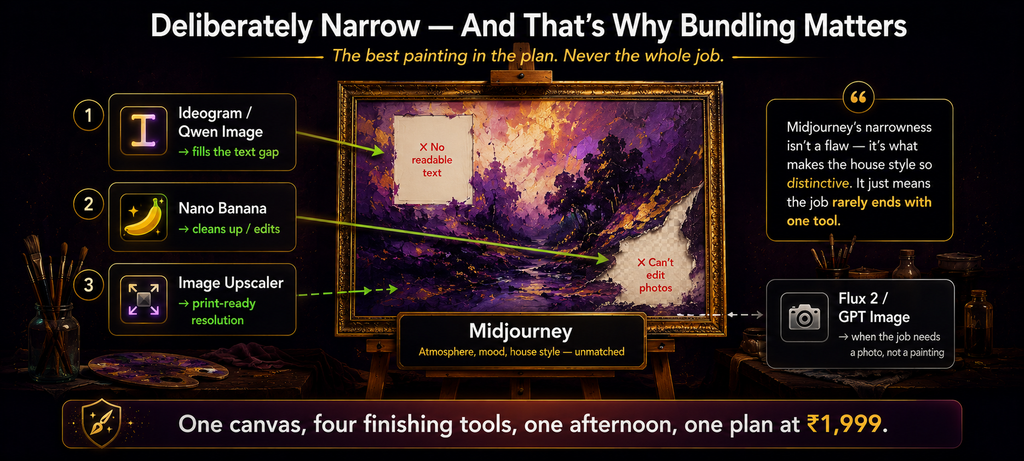 Midjourney shown as a beautiful but unfinished painterly canvas with visible gaps for missing readable text and photo editing with finishing tools positioned around it including Ideogram and Qwen Image for text Nano Banana for editing and the Image Upscaler for print resolution demonstrating why Midjourney is deliberately narrow and needs the rest of the AI Plan to finish most real jobs