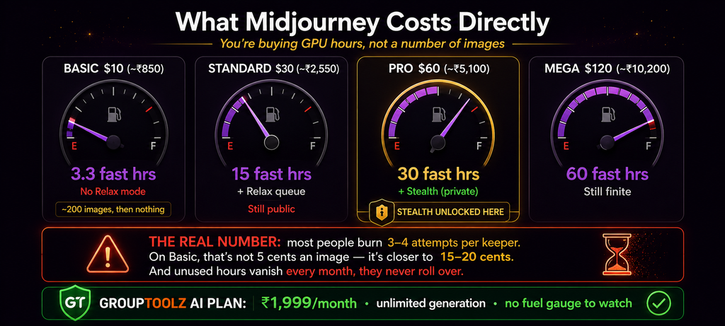 Midjourney four pricing tiers shown as fuel gauges with Basic at Rs 850 giving only 3.3 fast hours and no Relax mode Standard at Rs 2550 giving 15 hours but still public Pro at Rs 5100 giving 30 hours plus private Stealth mode and Mega at Rs 10200 giving 60 hours with a callout showing the real cost per usable image is closer to 15 to 20 cents once failed attempts are counted and unused hours never roll over