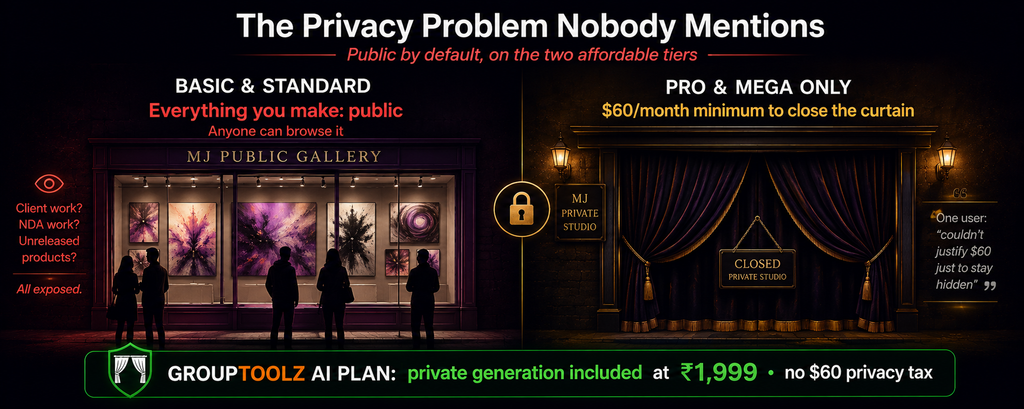 Midjourney privacy problem shown as a public gallery window with generated images visible to everyone on Basic and Standard tiers versus a curtained private studio requiring the 60 dollar Pro tier and above for Stealth mode with GroupToolz AI Plan including private generation at Rs 1999 with no privacy surcharge