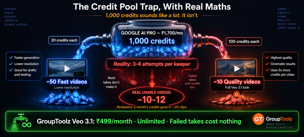 Veo 3.1 credit pool trap showing a jar of 1000 credits on Google AI Pro at Rs 1700 per month draining to roughly 50 Fast videos or only 10 Quality videos before accounting for failed takes with reviewers finding a month's credits gone in around 35 clips at higher quality versus GroupToolz unlimited generation at Rs 499 where failed takes cost nothing