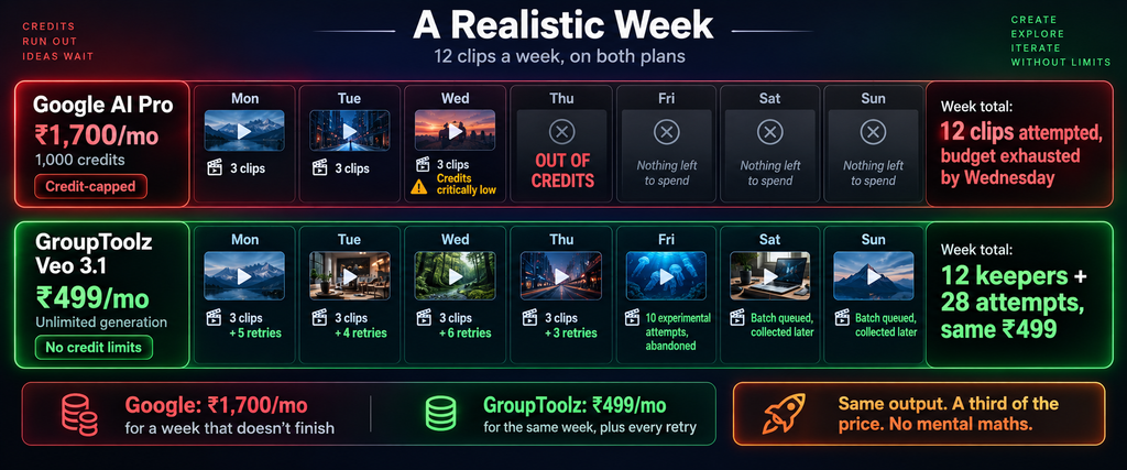 Realistic week comparison showing Google AI Pro at Rs 1700 per month running out of credits by Wednesday and greying out for the rest of the week after only attempting 12 clips versus GroupToolz Veo 3.1 at Rs 499 per month completing all 12 keepers plus 28 retries and experimental attempts across the full week for a third of the price