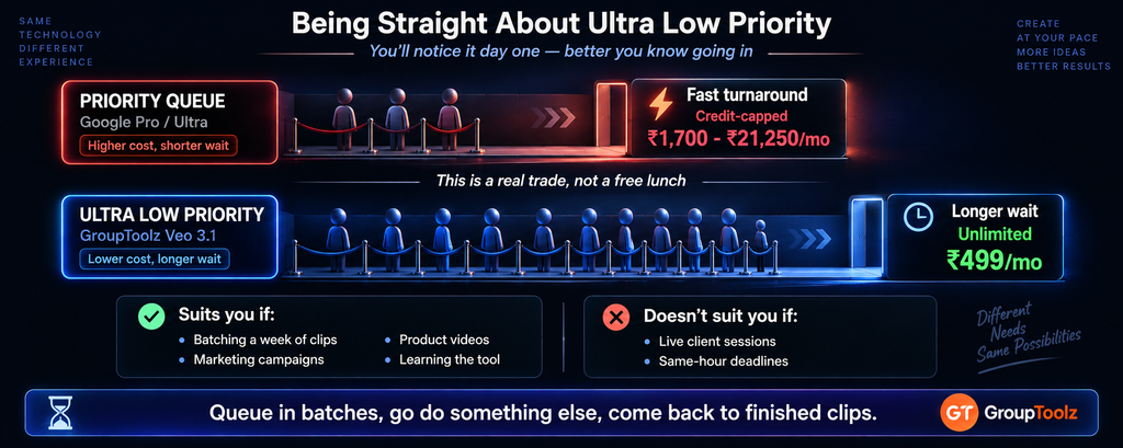 Veo 3.1 Ultra Low Priority honestly explained as two queue lanes with a short priority lane for Google direct at Rs 1700 to Rs 21250 per month offering fast turnaround but credit capped videos versus a longer Ultra Low Priority lane for GroupToolz at Rs 499 per month offering unlimited generation with a longer wait suited to batched planned work rather than live urgent deadlines